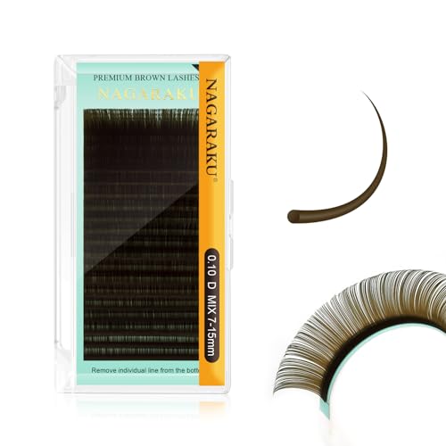 تمديدات الرموش الطبيعية البنية NAGARAKU 010 مم D curl 715 مم مجموعة مختلطة رموش فردية كلاسيكية فاخرة بحجم 20 صفًا لوازم رموش ناعمة