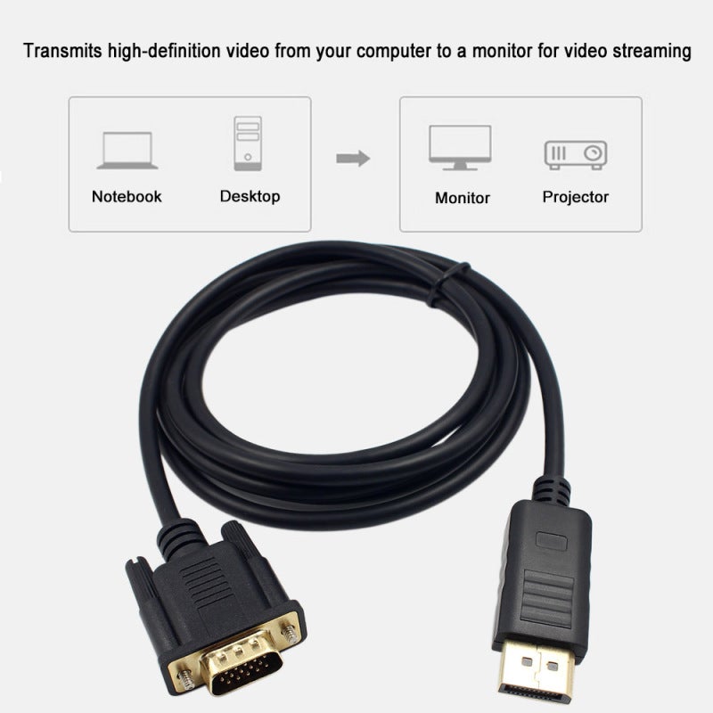 كابل محول ذكر DisplayPort DP إلى VGA ذكر بطول 1.8 متر محول 1080P فيديو للبروجيكتور والتلفزيون الرقمي والتلفزيون ومشغل HDVD لون أسود - Image 3