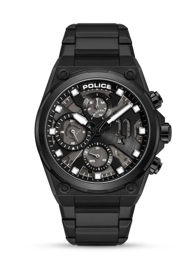 POLICE Airflow Men's 43mm Multifunction Watch with Hydraulic Black Plate, Charcoal Translucent Dial & 316L Stainless Steel Bracelet