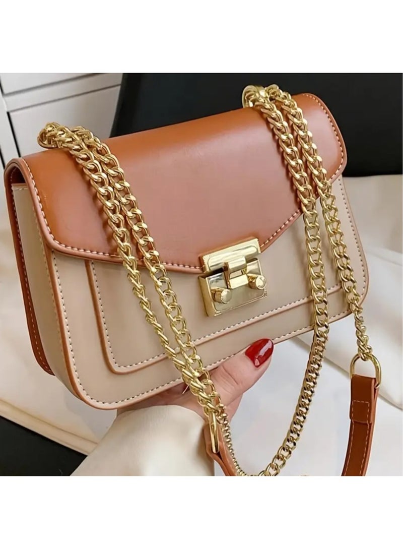 EIONN Mini Turnlock Square Shoulder Bag with Golden Chain Strap - Elegant, Beige  Brown, Ideal for Work, Office, Parties, and Travel, Office Bag|Chain Strap Bag|Turnlock Closure - Image 1