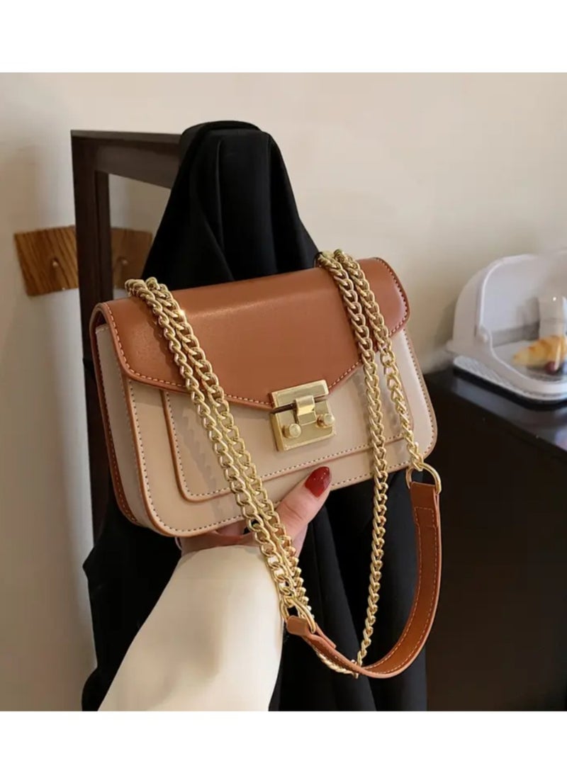 EIONN Mini Turnlock Square Shoulder Bag with Golden Chain Strap - Elegant, Beige  Brown, Ideal for Work, Office, Parties, and Travel, Office Bag|Chain Strap Bag|Turnlock Closure - Image 5