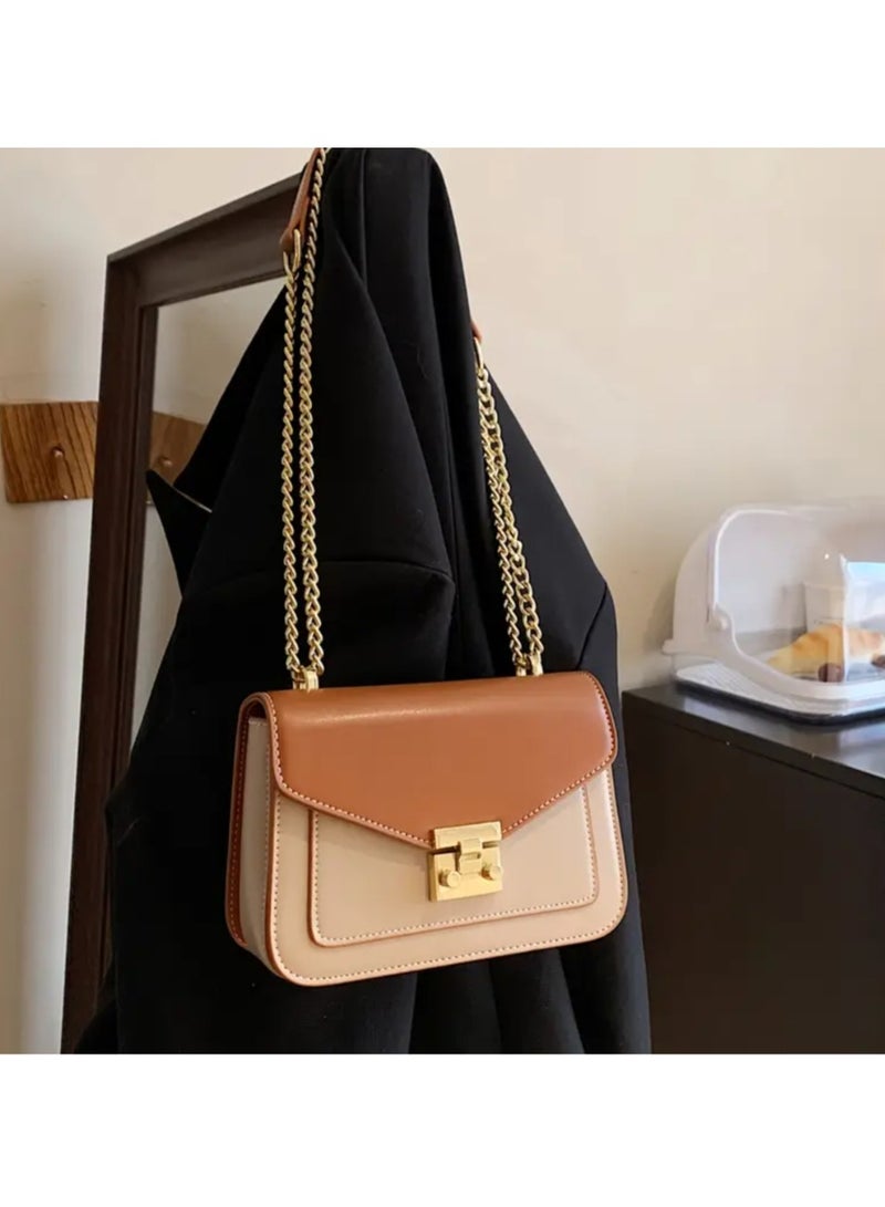 EIONN Mini Turnlock Square Shoulder Bag with Golden Chain Strap - Elegant, Beige  Brown, Ideal for Work, Office, Parties, and Travel, Office Bag|Chain Strap Bag|Turnlock Closure - Image 4