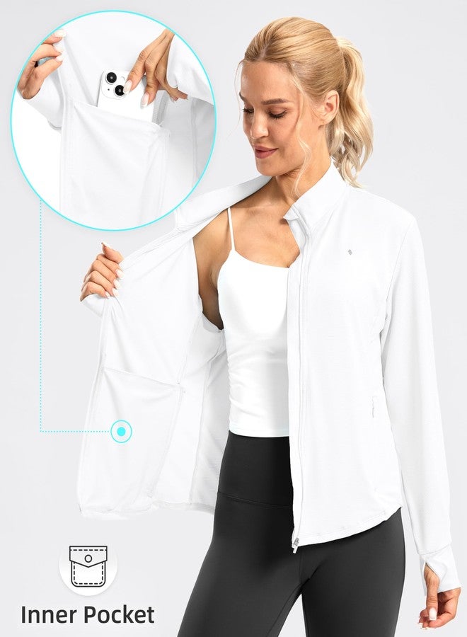Soothfeel Women's UPF 50+ Lightweight Athletic Jackets Sun Protection Zip Up Long Sleeve Shirts Hiking Workout Outdoor Pocket, White, L - Image 4