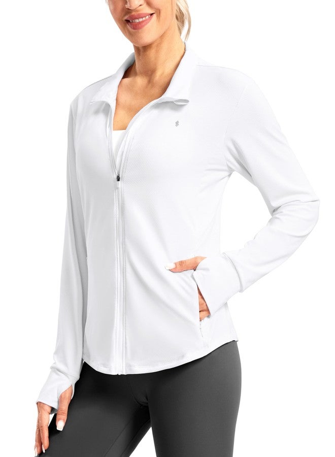 Soothfeel Women's UPF 50+ Lightweight Athletic Jackets Sun Protection Zip Up Long Sleeve Shirts Hiking Workout Outdoor Pocket, White, L - Image 1