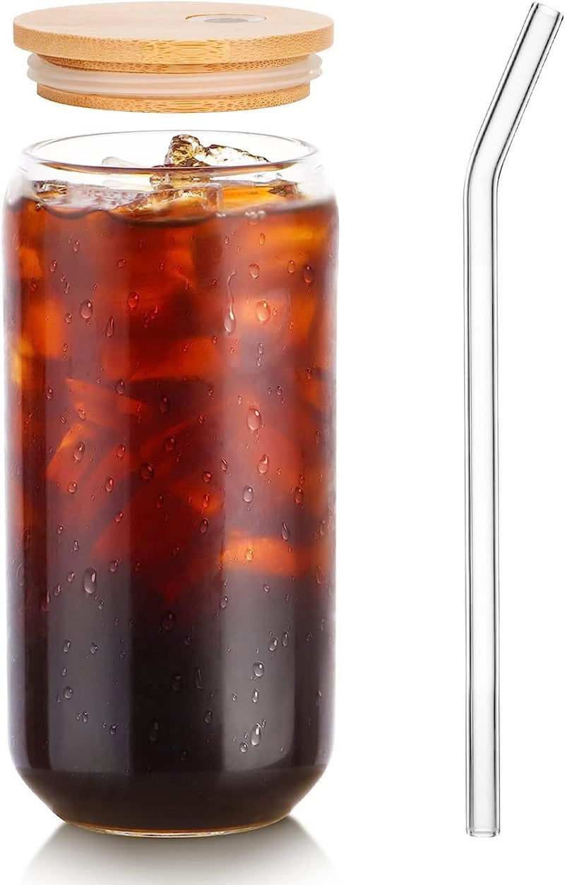 FOMQUAZLI Iced Juice Drinks Glass Can Mug with Wooden Lid and Straw for MilkCoffeeGreen Tea Cup Mojito Mug Pack of 1500ml Transparent Can Shape Cup - Image 5