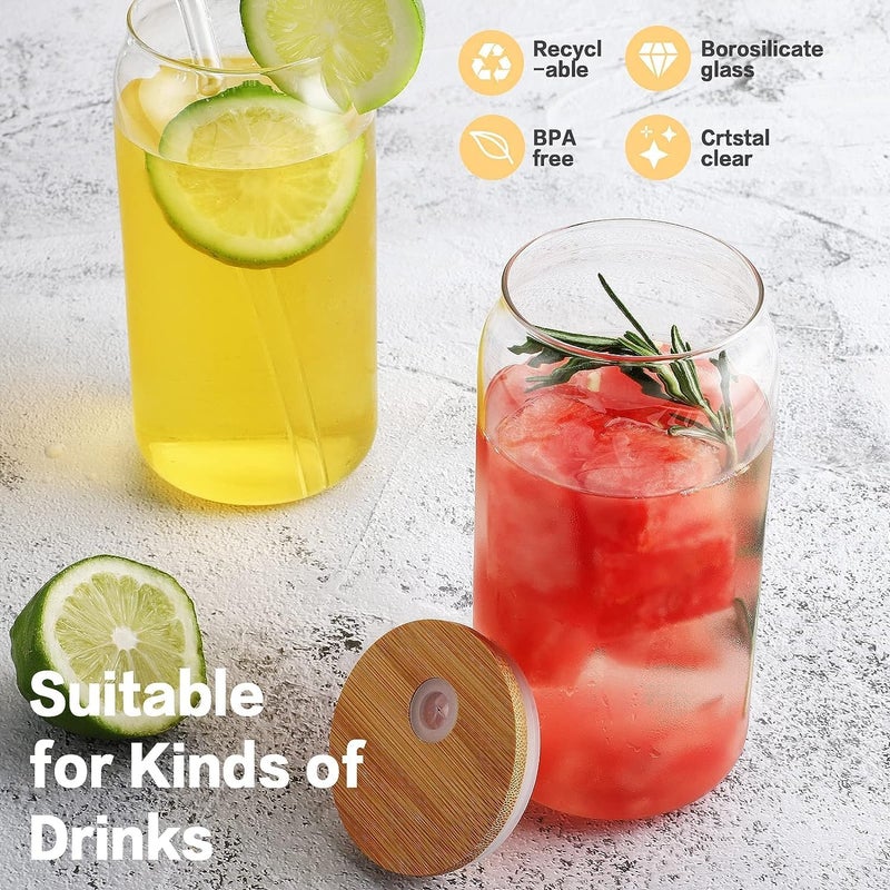 FOMQUAZLI Iced Juice Drinks Glass Can Mug with Wooden Lid and Straw for MilkCoffeeGreen Tea Cup Mojito Mug Pack of 1500ml Transparent Can Shape Cup - Image 2