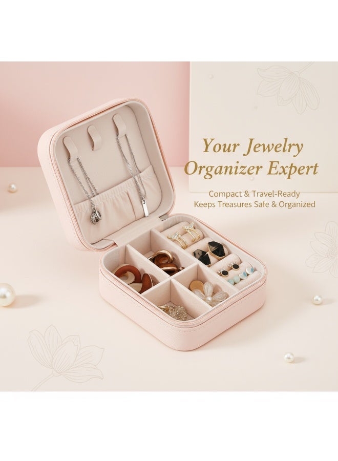 Leather Mini Jewelry Box | Travel Portable Jewelry Box | Organizer for Rings, Pendants, Earrings, Necklaces, and Bracelets (Pink) - Image 1