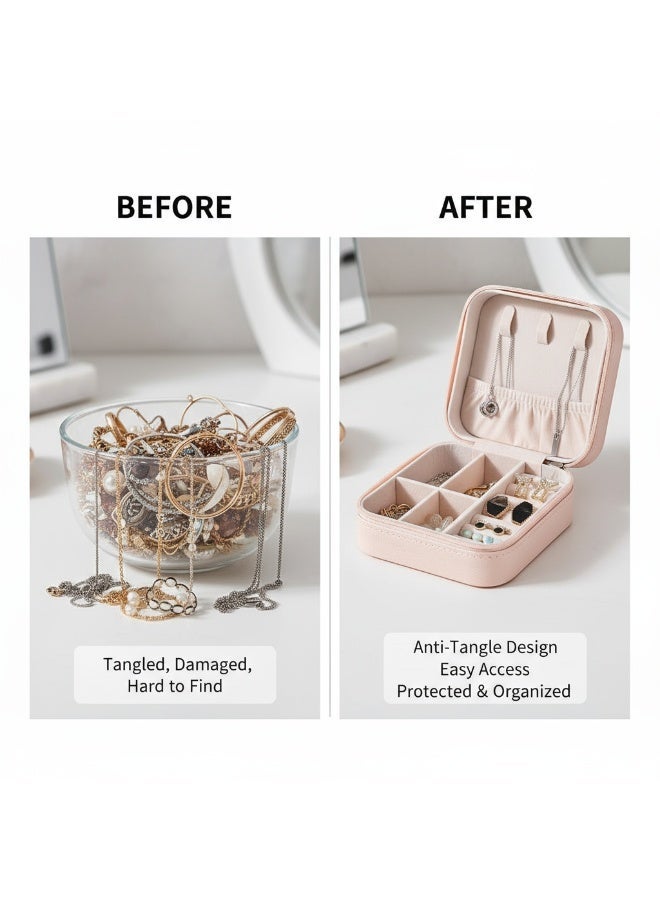 Leather Mini Jewelry Box | Travel Portable Jewelry Box | Organizer for Rings, Pendants, Earrings, Necklaces, and Bracelets (Pink) - Image 2