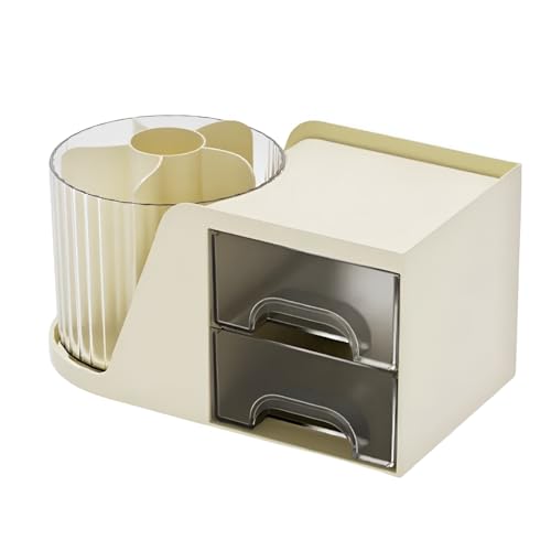 HoopVool 360 Rotating Desk Organizer, Stationery Storage,Pen Holder, Plastic Makeup brush Organizer with Drawers, Multifunctional Desk Accessories Tidy Caddy for Dresser Table (Cream) - Image 1