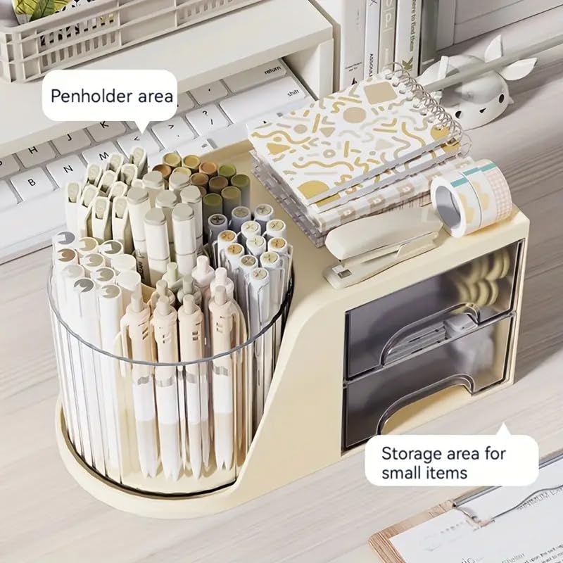 HoopVool 360 Rotating Desk Organizer, Stationery Storage,Pen Holder, Plastic Makeup brush Organizer with Drawers, Multifunctional Desk Accessories Tidy Caddy for Dresser Table (Cream) - Image 5