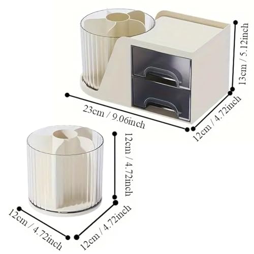 HoopVool 360 Rotating Desk Organizer, Stationery Storage,Pen Holder, Plastic Makeup brush Organizer with Drawers, Multifunctional Desk Accessories Tidy Caddy for Dresser Table (Cream) - Image 3