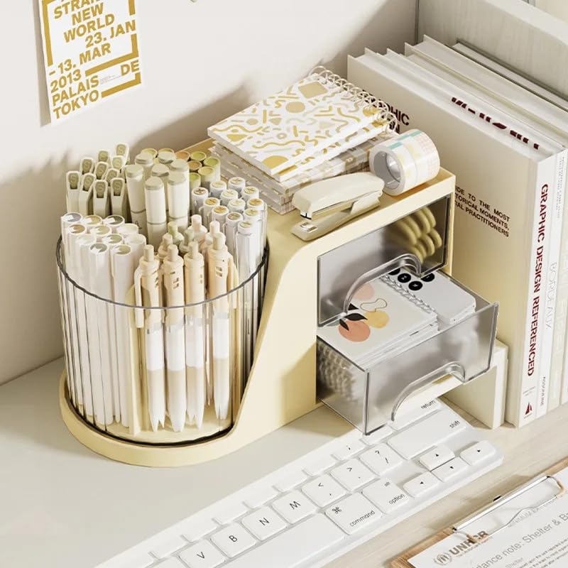 HoopVool 360 Rotating Desk Organizer, Stationery Storage,Pen Holder, Plastic Makeup brush Organizer with Drawers, Multifunctional Desk Accessories Tidy Caddy for Dresser Table (Cream) - Image 4