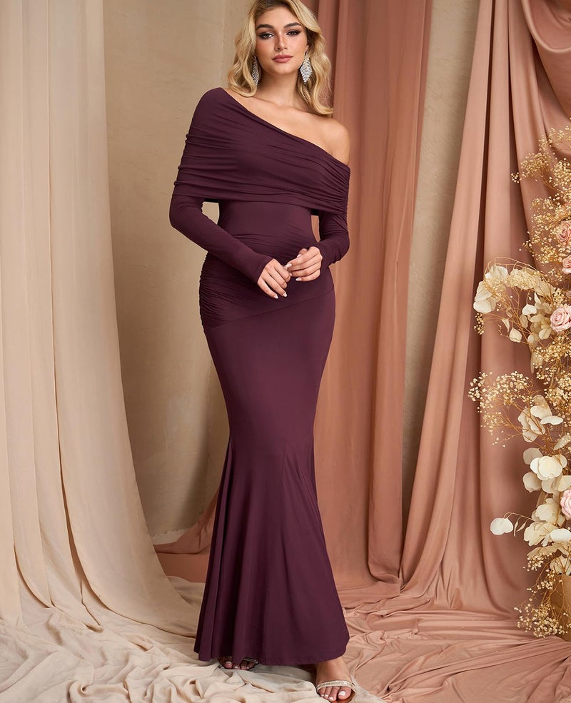 GLNEGE Off the Shoulder Fall Wedding Guest Formal Dress Long Sleeve Ruched Bodycon Maxi Cocktail Party Dresses for Women Wine - Image 2