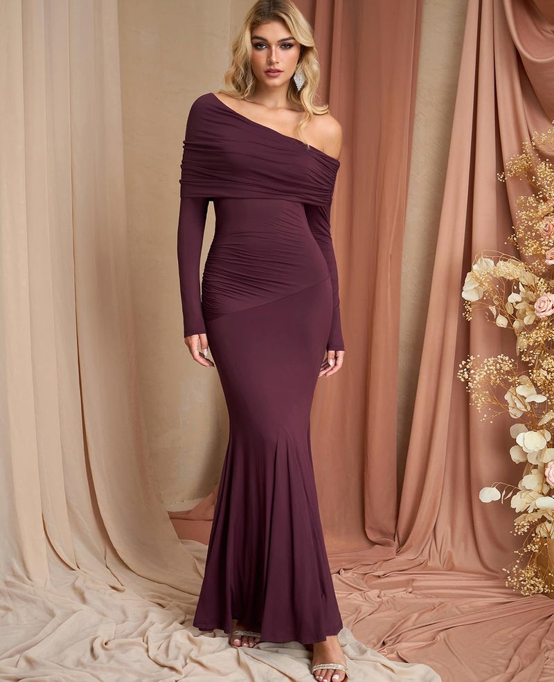 GLNEGE Off the Shoulder Fall Wedding Guest Formal Dress Long Sleeve Ruched Bodycon Maxi Cocktail Party Dresses for Women Wine - Image 4