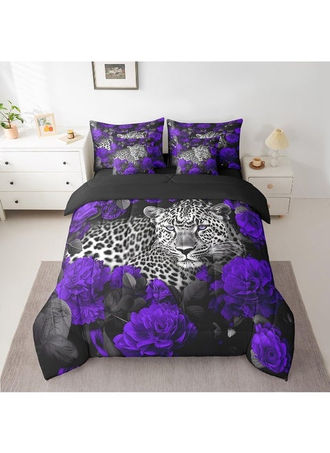 3D Cheetah Bed in a Bag Queen Comforter Set 7 Piece, Purple Rose Leopard Print Bedding Sets Romantic Flowers African Safari Animals Sheet Set with Comforter, 2 Pillowcases, 2 Throw Pillow Covers