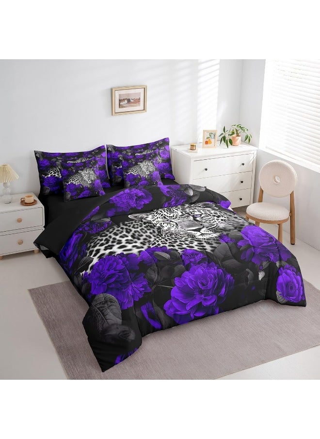 Erosebridal - 3D Cheetah Bed in a Bag Queen Comforter Set 7 Piece, Purple Rose Leopard Print Bedding Sets Romantic Flowers African Safari Animals Sheet Set with Comforter, 2 Pillowcases, 2 Throw Pillow Covers - Image 1