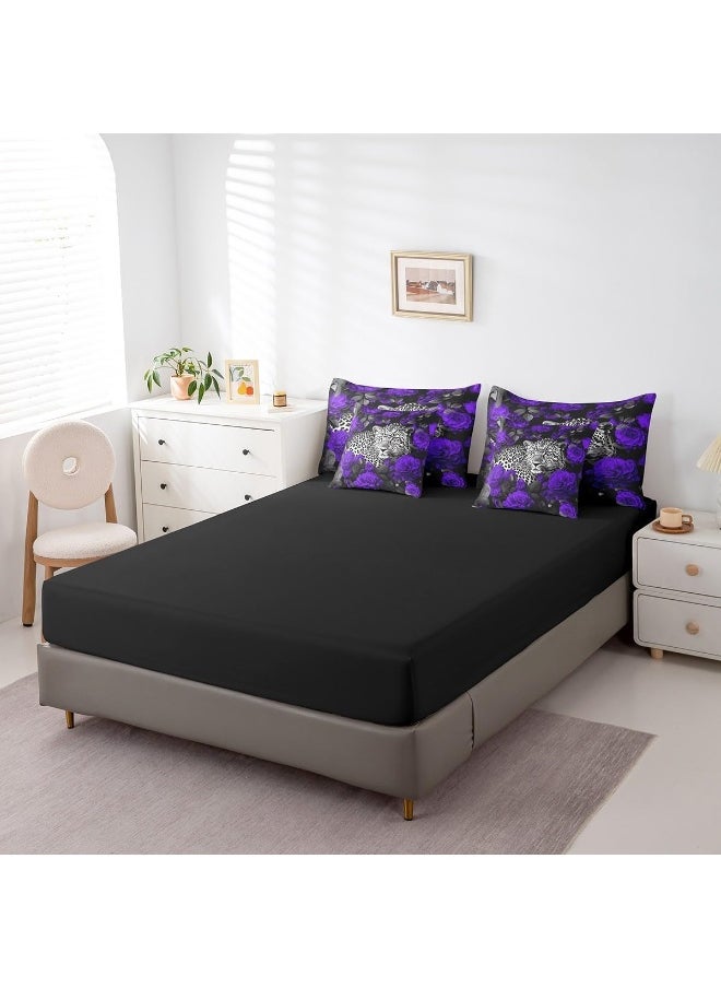 Erosebridal - 3D Cheetah Bed in a Bag Queen Comforter Set 7 Piece, Purple Rose Leopard Print Bedding Sets Romantic Flowers African Safari Animals Sheet Set with Comforter, 2 Pillowcases, 2 Throw Pillow Covers - Image 1