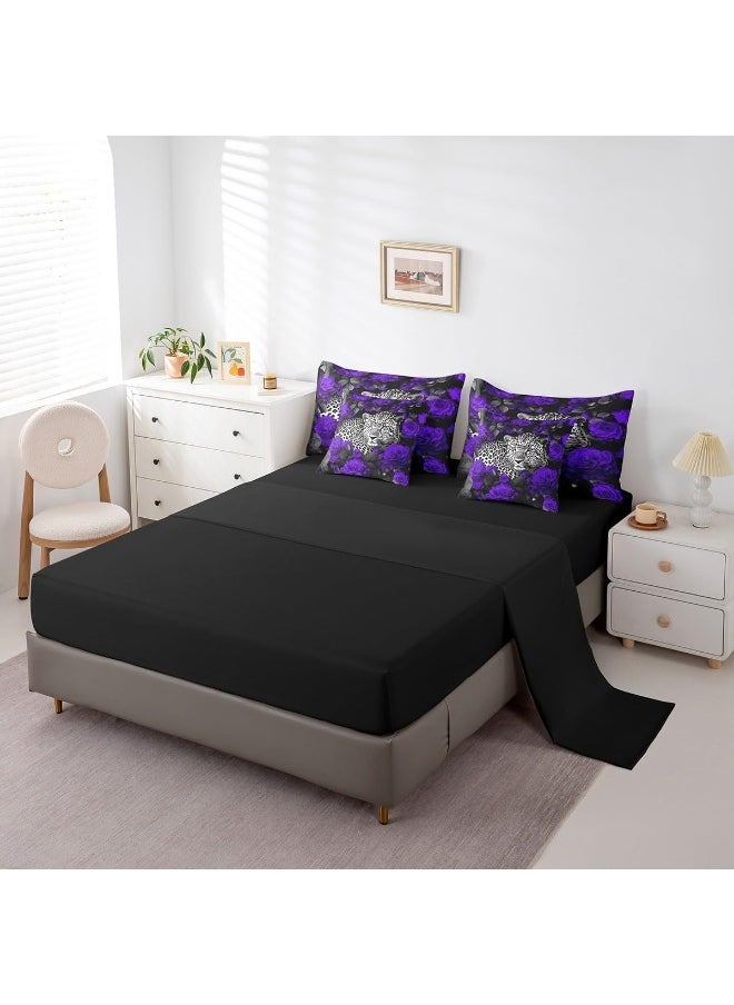 Erosebridal - 3D Cheetah Bed in a Bag Queen Comforter Set 7 Piece, Purple Rose Leopard Print Bedding Sets Romantic Flowers African Safari Animals Sheet Set with Comforter, 2 Pillowcases, 2 Throw Pillow Covers - Image 1