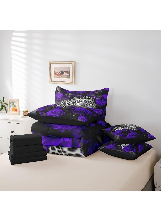 Erosebridal - 3D Cheetah Bed in a Bag Queen Comforter Set 7 Piece, Purple Rose Leopard Print Bedding Sets Romantic Flowers African Safari Animals Sheet Set with Comforter, 2 Pillowcases, 2 Throw Pillow Covers - Image 1