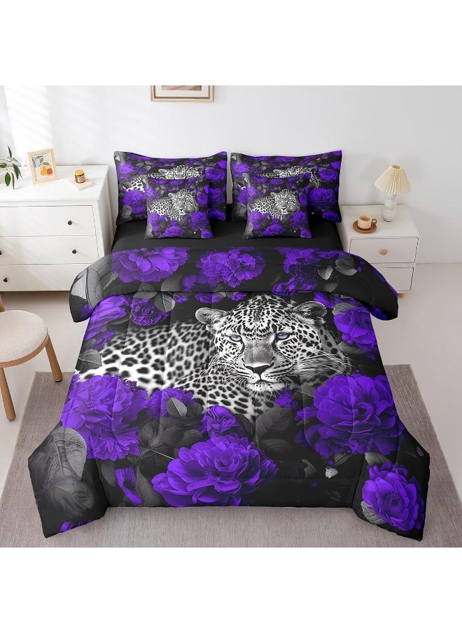 Erosebridal - 3D Cheetah Bed in a Bag Queen Comforter Set 7 Piece, Purple Rose Leopard Print Bedding Sets Romantic Flowers African Safari Animals Sheet Set with Comforter, 2 Pillowcases, 2 Throw Pillow Covers - Image 1