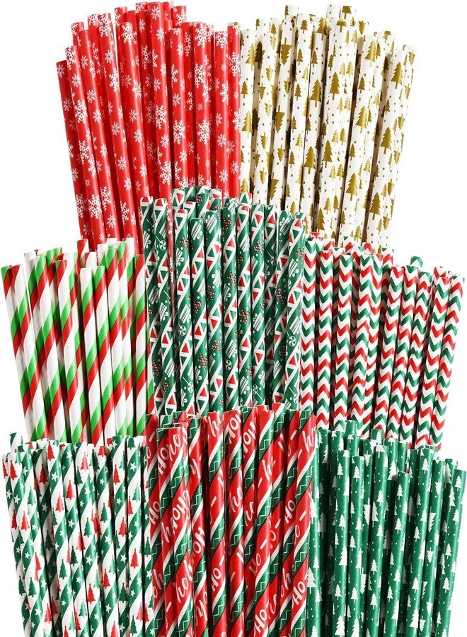 ALINK 100 Christmas Paper Straws, 8 Styles Red Green White Gold Biodegradable Party Drinking Straws with Stripe, Wave, Christmas Tree Snowflake Design Decorations Supplies - Image 1