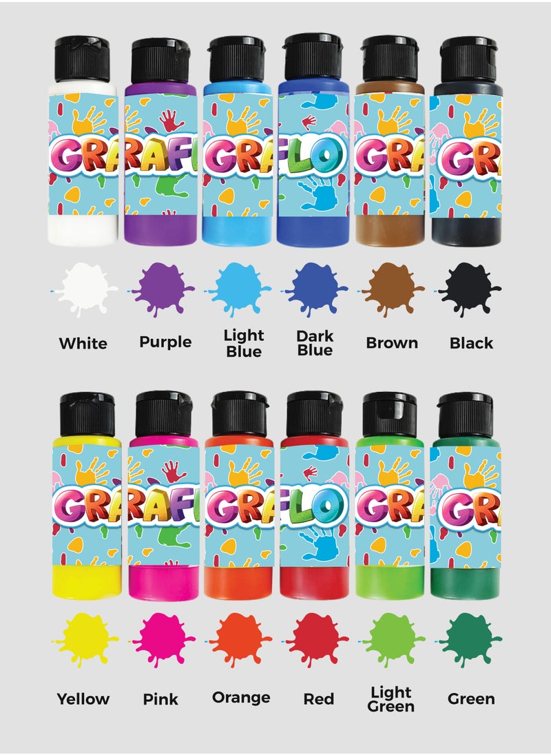 GRAFLO - Washable Finger Paint for Toddlers, Safe Non-Toxic, 12 Vibrant Colors, Baby Safe Paint for Hands and Feet, Mess Free Art Supplies for Kids, Preschool Learning Gifts, for 3-6 Years Old - Image 1
