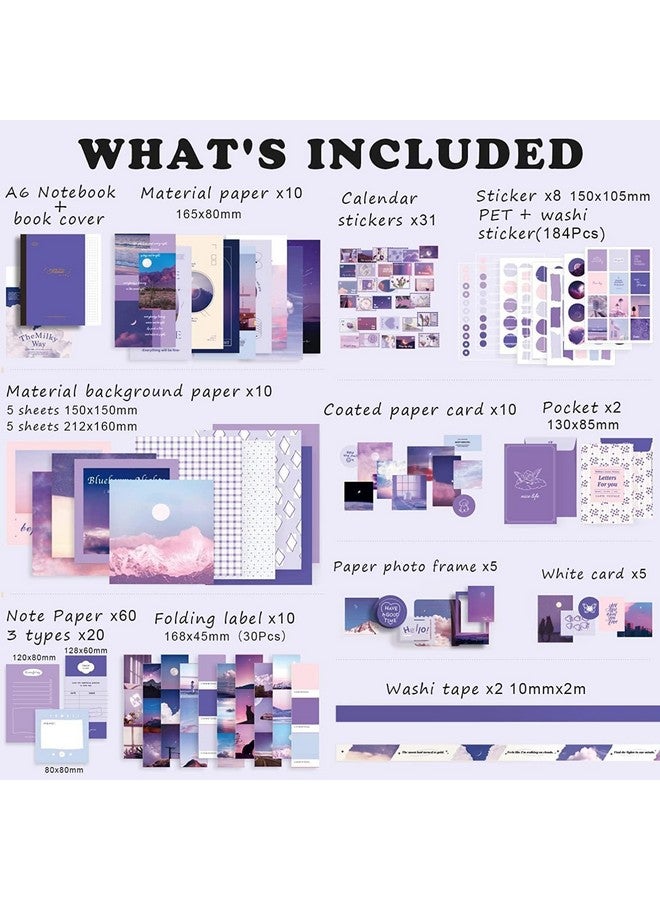 Rewup 348 Pcs Scrapbooking Supplies Kit, Vintage Aesthetic Scrapbook Kit for Bullet Junk Journal, Stationery, A6 Grid Notebook, DIY Journaling Supplies, Birthday Craft Gift for Teen Girl Kid Women (Purple) - Image 2
