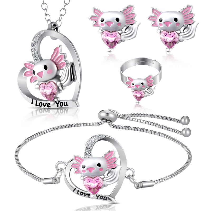 Herdear 4 Pcs Girl Unicorn Axolotl Jewelry Set Bracelet Ring Earring Crystal Heart Pendant Jewelry for Valentines Gifts Kids(Silver,Cute Axolotl) - Image 1