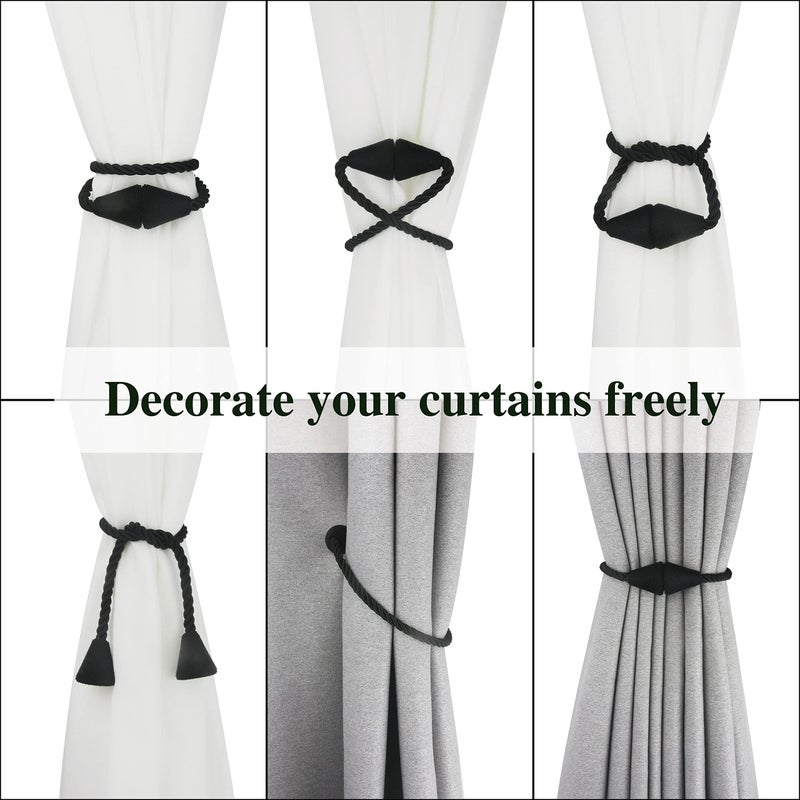 Nieffeiy 2 Pack Magnetic Curtain Tiebacks Rope Modern Handmade Curtain Tie Backs Decorative Drapes Weave Holdbacks for Window DÃ©cor, Black - Image 5