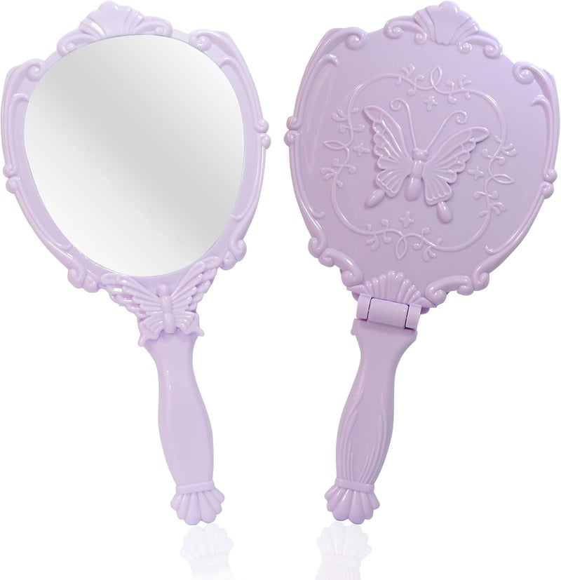 Embossed Butterfly Handheld Mirror with Folding Handle, Princess Style Girls Mirror with Handle, Purple