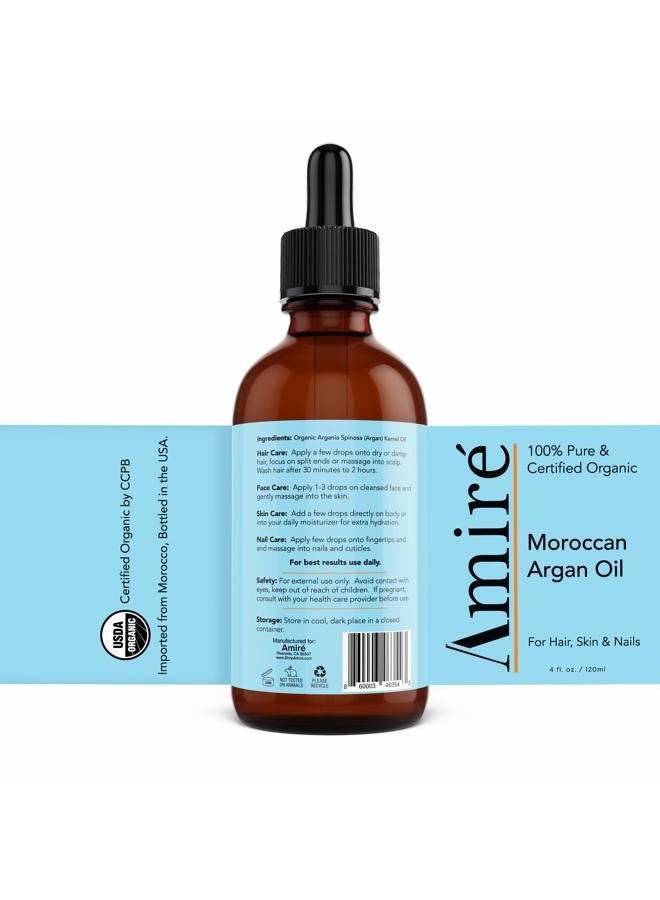Amire USDA Certified Organic Argan Oil 4oz, Triple Extra Virgin Grade Moroccan Argan Oil for Hair Growth. Skin, Face, & Nails. Moisturizer. Scalp Treatment Hair Oil for Dry, Damaged, Brittle Hair. - Image 5