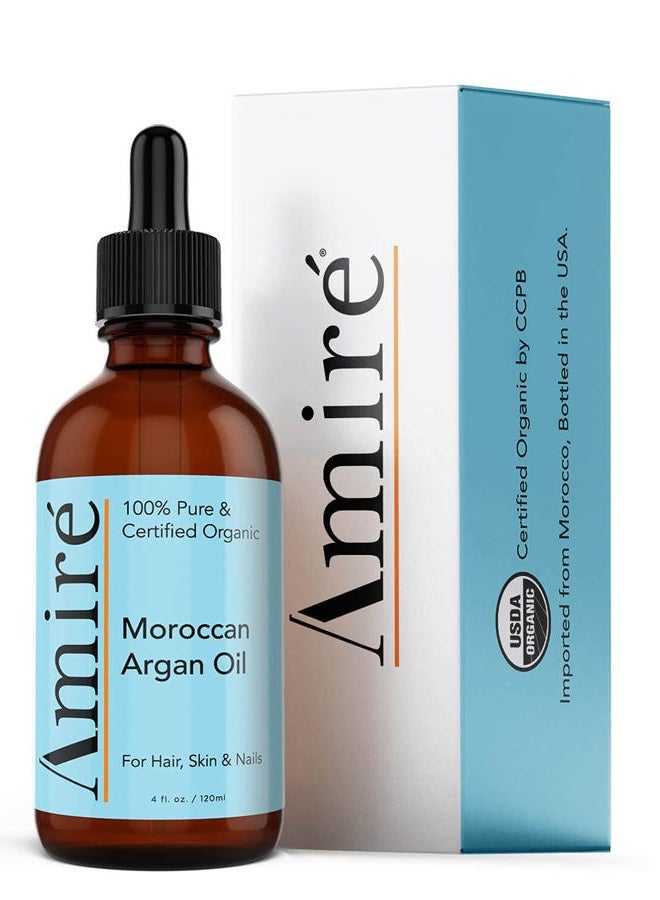 Amire USDA Certified Organic Argan Oil 4oz, Triple Extra Virgin Grade Moroccan Argan Oil for Hair Growth. Skin, Face, & Nails. Moisturizer. Scalp Treatment Hair Oil for Dry, Damaged, Brittle Hair. - Image 1