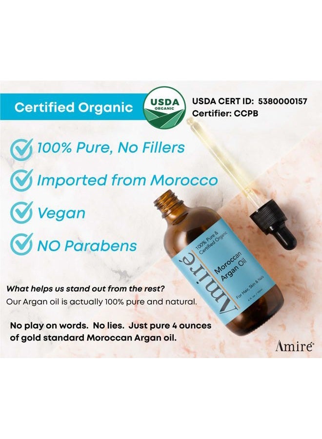 Amire USDA Certified Organic Argan Oil 4oz, Triple Extra Virgin Grade Moroccan Argan Oil for Hair Growth. Skin, Face, & Nails. Moisturizer. Scalp Treatment Hair Oil for Dry, Damaged, Brittle Hair. - Image 2