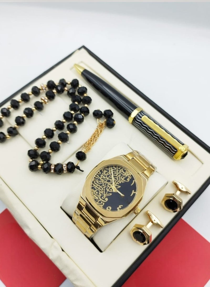Catera Gift set for a high-quality, elegant waterproof men's watch, Gold bracelet and black dial with Arabic decorations - limited edition 