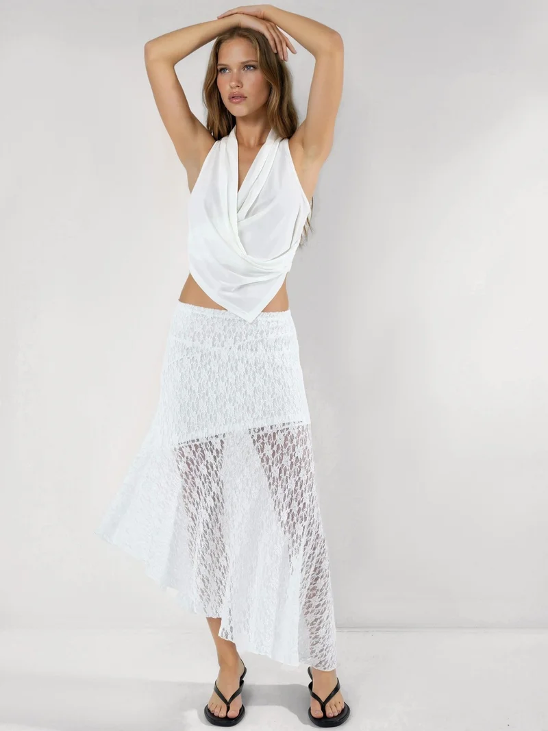 هيكاب Asymmetrical Lace Midi Skirt