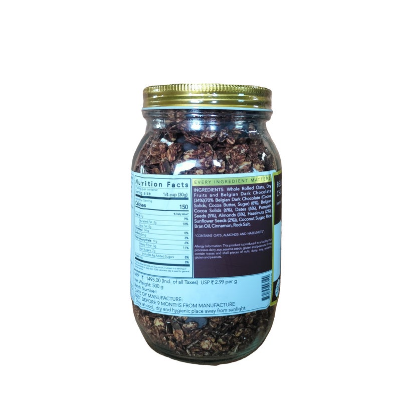 thenibblebox Belgian Dark Chocolate Granola 500g, Jar [34% dry fruits, Gluten free, Plant based/Vegan friendly, No preservatives/additives] - Image 3