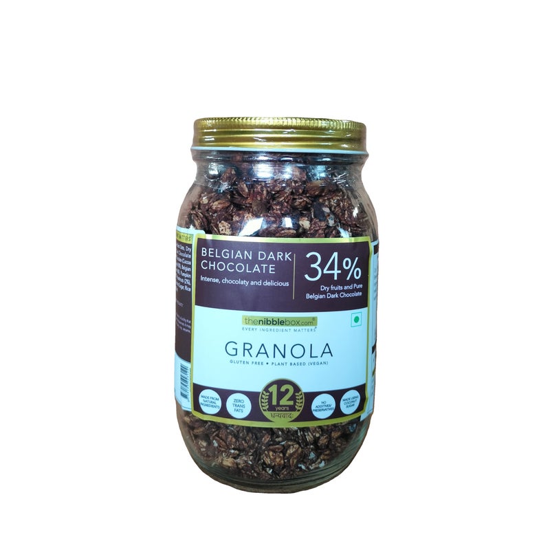 thenibblebox Belgian Dark Chocolate Granola 500g, Jar [34% dry fruits, Gluten free, Plant based/Vegan friendly, No preservatives/additives] - Image 1