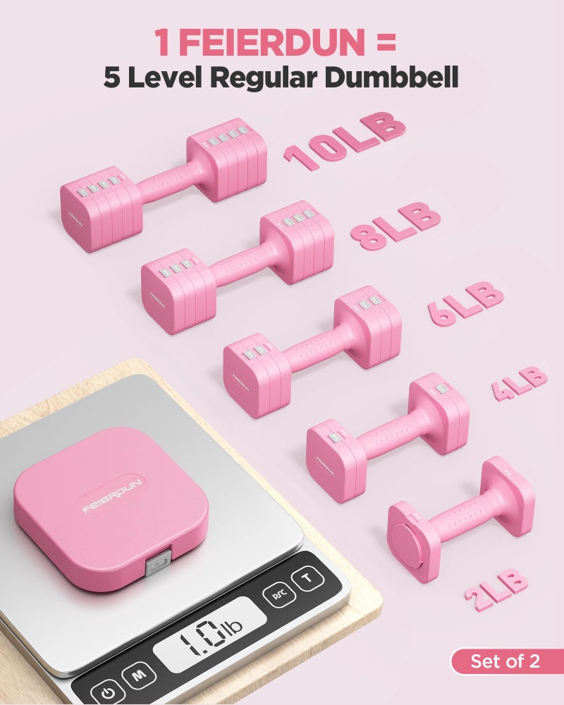 FEIERDUN 5-in-1 Adjustable Dumbbell Set, Each 10/8/6/4/2lbs Hand Weights for Women, 1s-Adjust Dual-Stable Dumbbell Set for Women Home Gym & Outdoor - Image 2