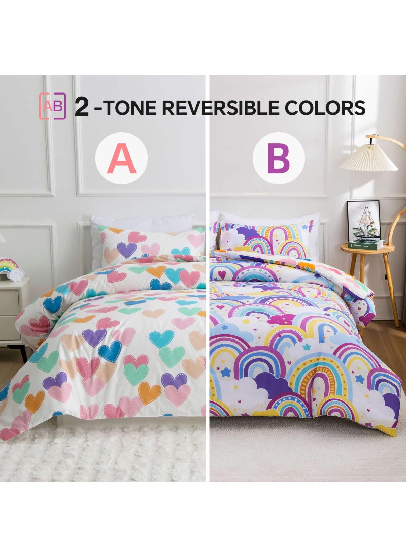 Btargot Btargot Lightweight Soft 3 Piece Rainbow Comforter Set with 2 Pillow Covers  Cartoon Love Hearts Flowers and Sun Star Bedding Set for Girls Boys Kids Twin Light Purple  - Image 2
