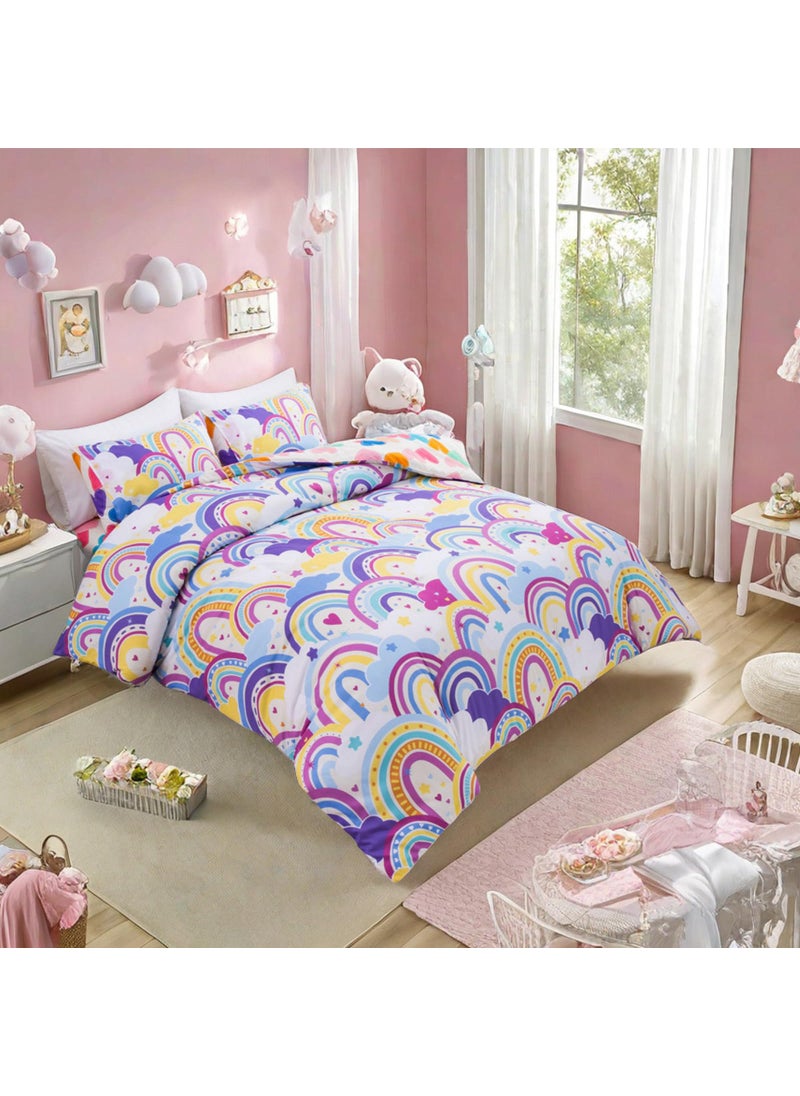 Btargot Btargot Lightweight Soft 3 Piece Rainbow Comforter Set with 2 Pillow Covers  Cartoon Love Hearts Flowers and Sun Star Bedding Set for Girls Boys Kids Twin Light Purple  - Image 1