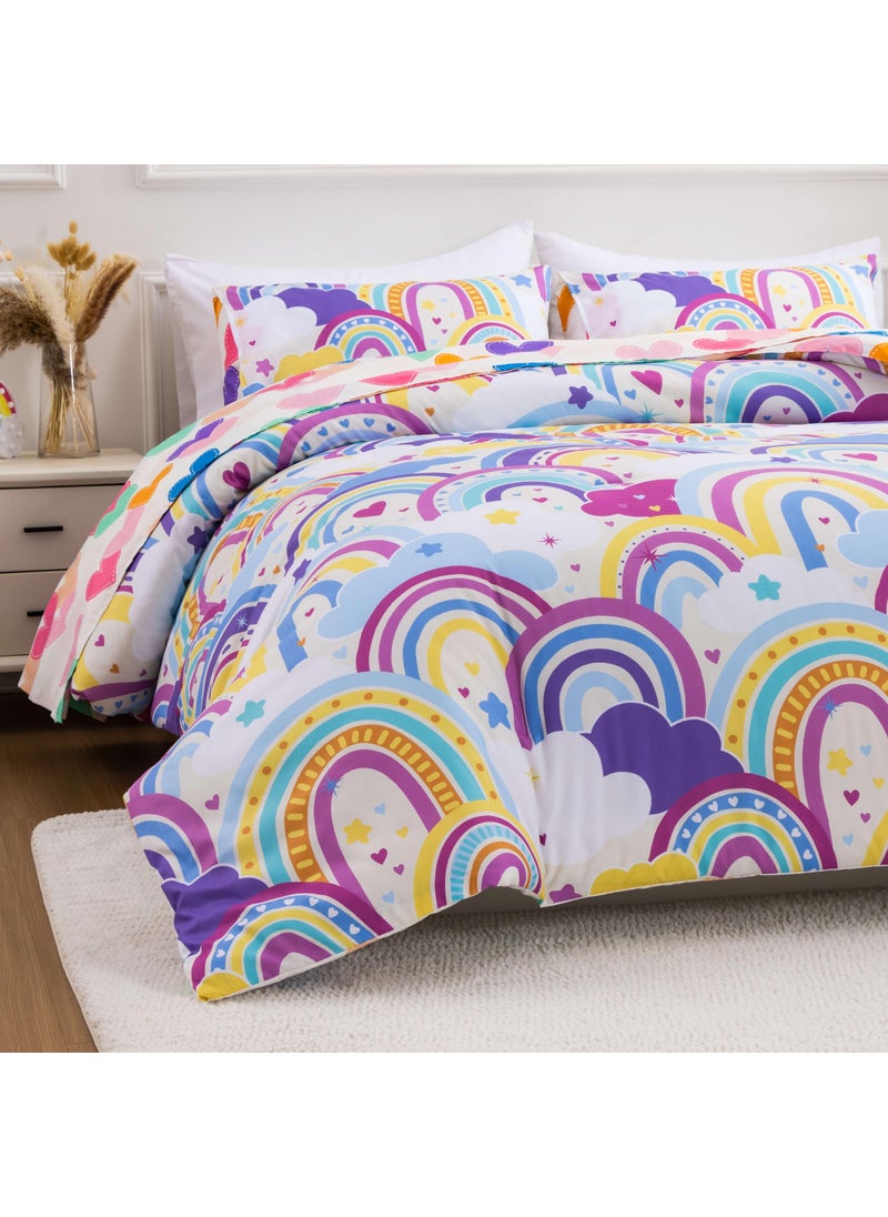 Btargot Btargot Lightweight Soft 3 Piece Rainbow Comforter Set with 2 Pillow Covers  Cartoon Love Hearts Flowers and Sun Star Bedding Set for Girls Boys Kids Twin Light Purple  - Image 5