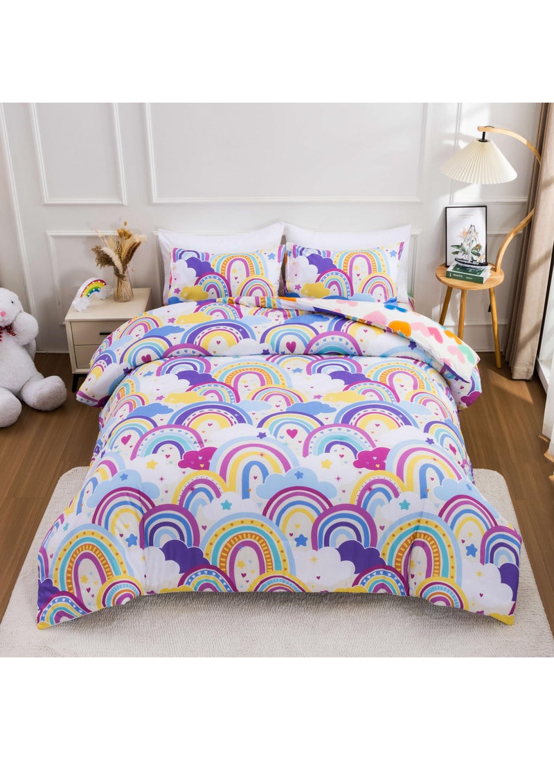 Btargot Btargot Lightweight Soft 3 Piece Rainbow Comforter Set with 2 Pillow Covers  Cartoon Love Hearts Flowers and Sun Star Bedding Set for Girls Boys Kids Twin Light Purple  - Image 4