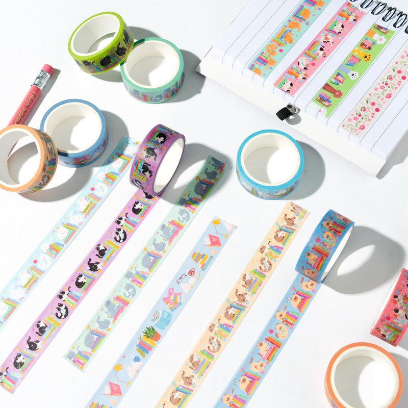 BkeeCten Cats Books Washi Tapes - 12pcs Cute Trendy Colored Aesthetic Stacking Book Decorative Cat Paw Artistic Photo Scrapbook Masking Sided Adhesive Tape Set Supplies DIY Craft Bookish Gift Wrapping - Image 4