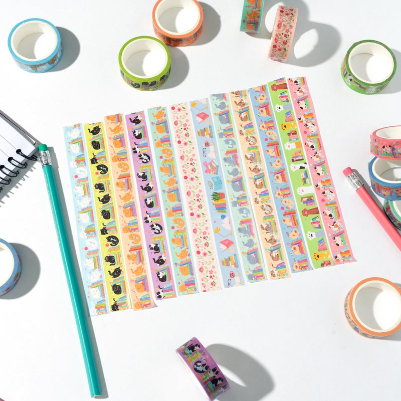 BkeeCten Cats Books Washi Tapes - 12pcs Cute Trendy Colored Aesthetic Stacking Book Decorative Cat Paw Artistic Photo Scrapbook Masking Sided Adhesive Tape Set Supplies DIY Craft Bookish Gift Wrapping - Image 5