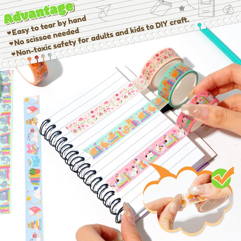 BkeeCten Cats Books Washi Tapes - 12pcs Cute Trendy Colored Aesthetic Stacking Book Decorative Cat Paw Artistic Photo Scrapbook Masking Sided Adhesive Tape Set Supplies DIY Craft Bookish Gift Wrapping - Image 3