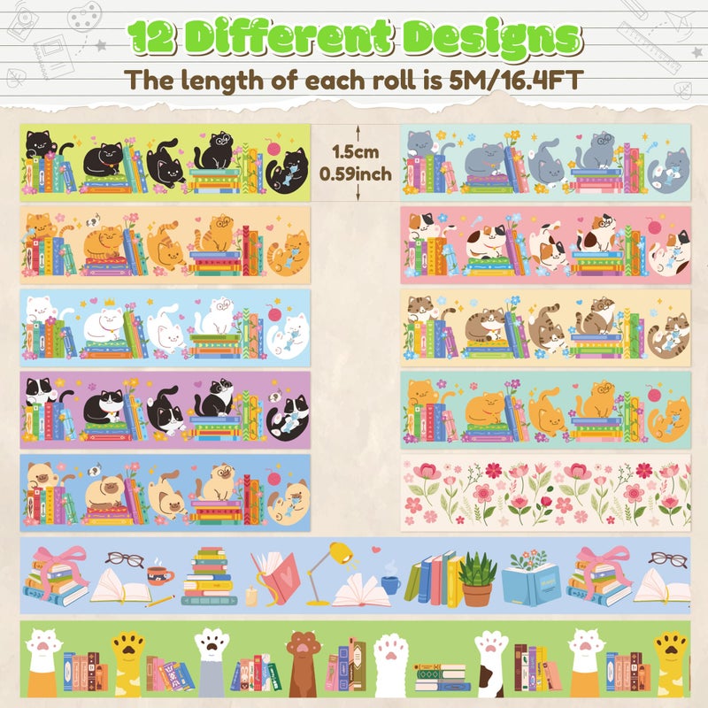 BkeeCten Cats Books Washi Tapes - 12pcs Cute Trendy Colored Aesthetic Stacking Book Decorative Cat Paw Artistic Photo Scrapbook Masking Sided Adhesive Tape Set Supplies DIY Craft Bookish Gift Wrapping - Image 2