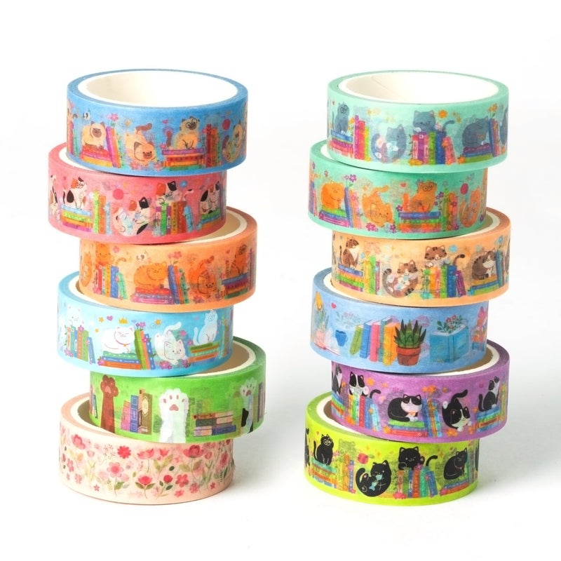 BkeeCten Cats Books Washi Tapes - 12pcs Cute Trendy Colored Aesthetic Stacking Book Decorative Cat Paw Artistic Photo Scrapbook Masking Sided Adhesive Tape Set Supplies DIY Craft Bookish Gift Wrapping - Image 1