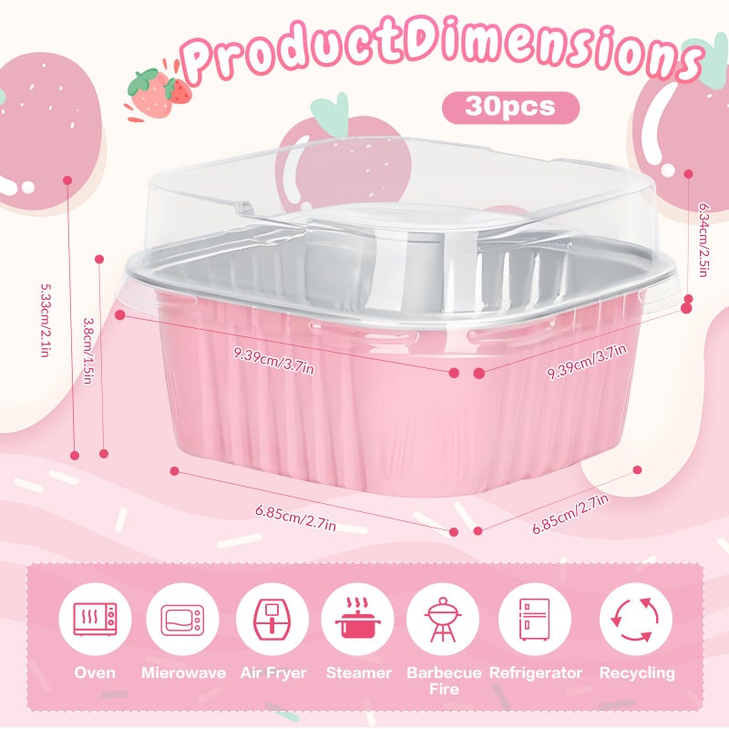 ylnurac 30Pack 5oz Pink Mini Cake Pans with Lids Baking Cups Aluminum Foil Pans Tins, Individual Dessert Cups Containers for Sales,Party,Picnics - Image 2