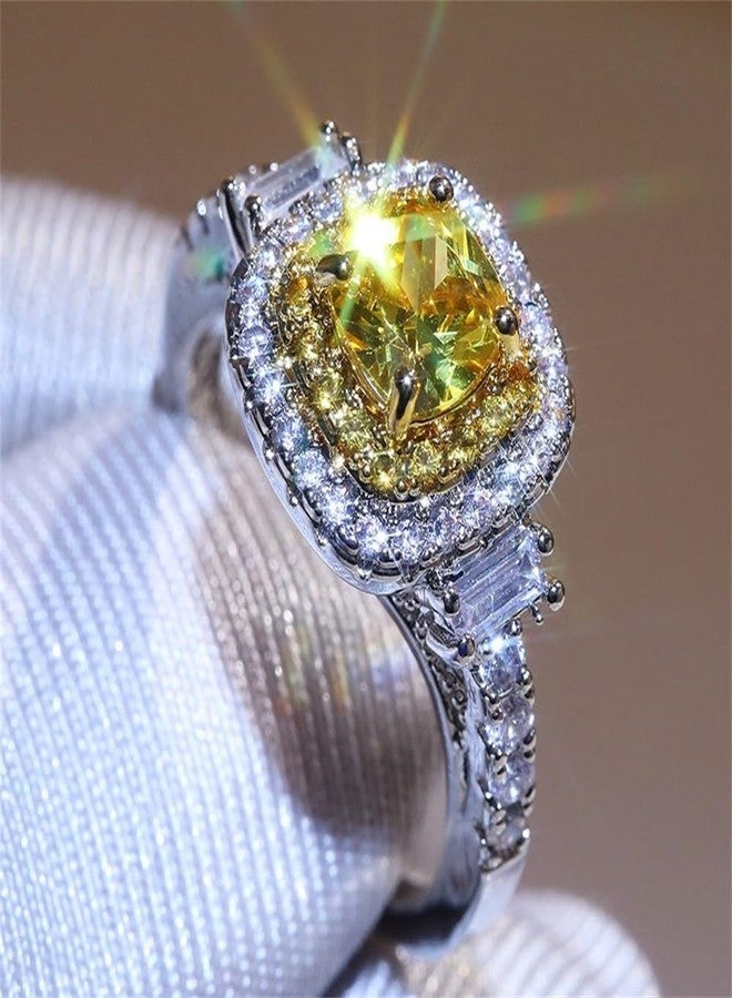 AZQ 925 Sterling Silver Full Diamond Ring 18K Gold Shiny Citrine Ring Square Cut 3Ct Cubic Zirconia Promise Rings CZ Yellow Gem Cocktail Rings Eternity Engagement Wedding Band Ring for Women Z.46 (US Code - Image 2