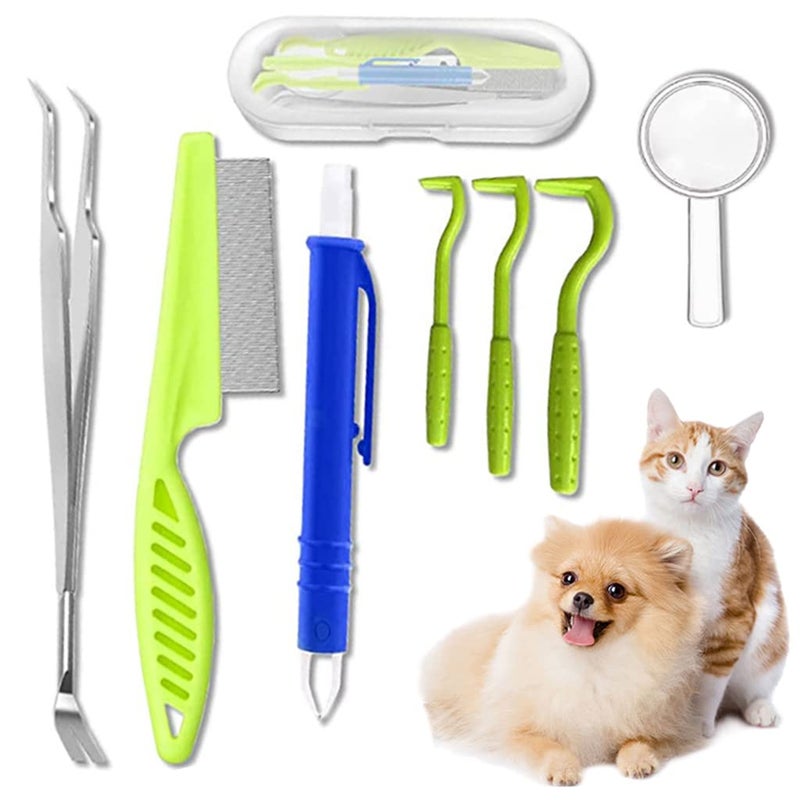 Qpets® طقم إزالة القراد للكلاب 7 قطع - مزيل القراد والبراغيث للكلاب والقطط، أدوات العناية، مجموعة أدوات إزالة القراد، ملقط إزالة القمل، مشط القراد للكلاب - Image 1